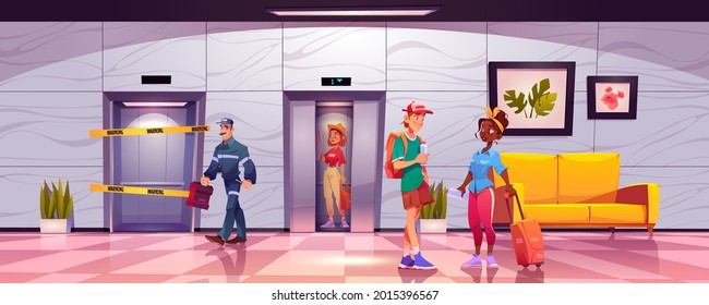 Tourists In Hotel Hallway With Broken Lift, Lobby