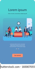 Tourists in hotel lobby. Business people standing at reception desk of office building. Receptionists working at check in counter and welcoming guests
