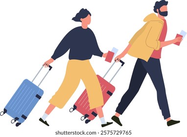 Tourists hurrying through the airport terminal, pulling wheeled suitcases and holding passports, eagerly preparing to board their flight for an exciting journey ahead