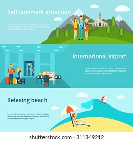 Tourists at international airport and relaxing on the beach flat horizontal banners set abstract isolated vector illustration