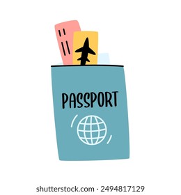 Tourists items, passport, boarding pass and flight ticket. Tourism and travelling by airplane concept. Colored flat vector illustration isolated on white background.