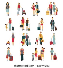 Tourists With Laggage Travelling With Partners Family Friends And Alone Flat Icons Collection Abstract Isolated Vector Illustation