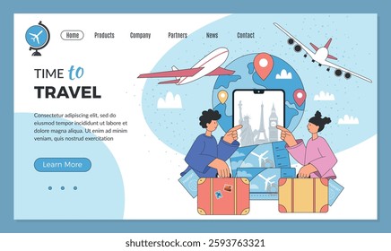 Tourists landing page. Tourists company website with picture of happy tourists planning self adventure recent vector web page template with place for text