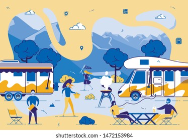 Tourists Leisure in Camping, Young People Friends Company Relaxing in Summer Camp with Barbeque and Motor Home Car on Beautiful Landscape. Summertime Vacation, Forest, Cartoon Flat Vector Illustration
