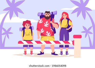 Tourists And Lockdown. Family On Vacation. No Entry. Closed Barrier. Vector Cartoon Illustration.