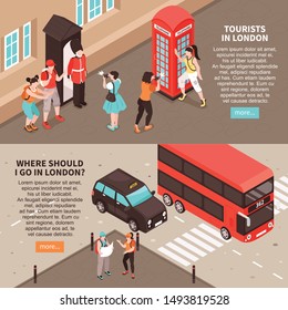 Tourists in london horizontal banners with information about sightseeing tours and  landmarks isometric vector illustration