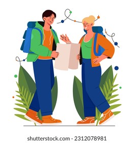 Los turistas miran el mapa. Hombre y mujer con mochilas navegan por el terreno. Senderismo y camping, estilo de vida activo y ocio al aire libre. Una pareja joven planea viajar. Dibujo vectorial plano de dibujos animados