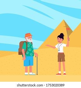 Tourists Looking Egypt Sights. Woman Guide With Red Flag Points To Egyptian Pyramids, Tells Lecture. Old Man Traveler On Excursion, Sightseeing, Summer Vacation. Vector Character Illustration