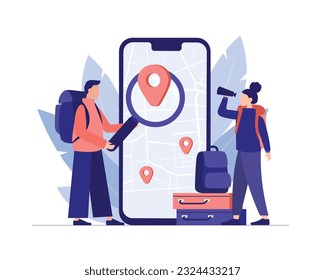 Tourists are looking for sight in unfamiliar city. Application for urban orientation. Travelers with luggage choose nearest hotel. Search for architectural monuments