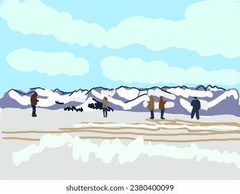 tourists looking at view  of snowy mountain, Switzerland, line art drawing