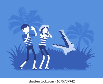 Tourists lost in wild nature. People in extreme vacation, unable to find way in the tropics, afraid or anxious of crocodile in natural environment. Vector illustration, faceless characters
