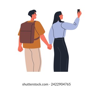 Tourists, love couple walking, taking photo picture on mobile phone camera. Happy man, woman strolling, photographing, shooting with smartphone. Flat vector illustration isolated on white background