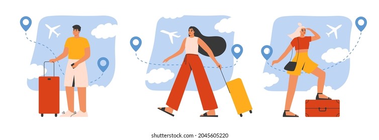 Tourists with luggage at the airport set. Collection of young and happy traveling people carrying suitcases, bags. Summer vacation, holiday, journey concept. Isolated flat vector illustration