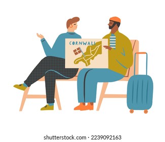 Tourists with luggage at airport terminal. Man and woman siting and discovering map, waiting for departure. Passengers with baggage traveling. Flat vector illustrations isolated on white background.