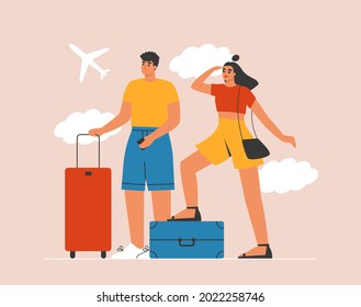 Tourists With Luggage At The Airport. Young Traveling Couple With Bags Going On Vacation Abroad By Plane. Summer Holiday, Journey, Trip Concept. Isolated Flat Vector Illustration