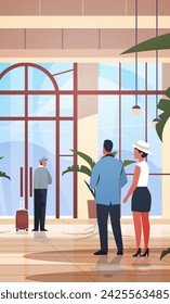 tourists with luggage departing from business trip standing at reception desk in hotel lobby recreation travel check-in concept
