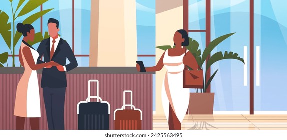 tourists with luggage departing from business trip standing at reception desk in hotel lobby recreation travel check-in concept