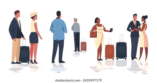 tourists with luggage departing from business trip standing in hotel lobby recreation travel check-in concept horizontal