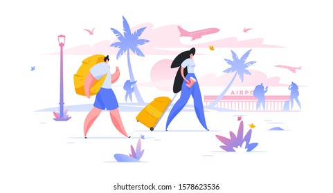 Tourists with luggage flat vector illustration. Summer vacation, honeymoon holiday at tropical resort. Travellers at airport cartoon characters. Passengers with suitcases composition
