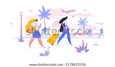 Tourists with luggage flat vector illustration. Summer vacation, honeymoon holiday at tropical resort. Travellers at airport cartoon characters. Passengers with suitcases composition
