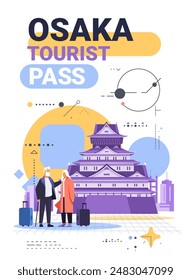 Tourists with luggage in front of traditional Japanese castle modern abstract background travel theme colorful graphic elements