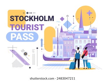 Tourists with luggage looking at Stockholm cityscape with buildings boat and abstract geometric elements colorful modern design