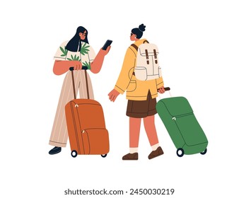 Turistas con equipaje, teléfono. Mujeres pasajeros de pie con maletas, mochilas, bolsas de viaje. Chicas felices con el equipaje para el viaje, viaje de vacaciones. Ilustración vectorial plana aislada sobre fondo blanco