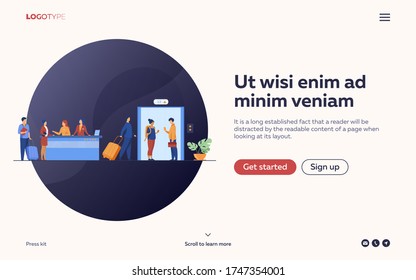 Tourists with luggage waiting at hotel reception desk, walking through lobby to elevator. Receptionists welcoming guests at counter. Vector illustration for hotel business, hospitality, travel concept