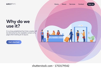 Tourists with luggage waiting at hotel reception desk, walking through lobby to elevator. Receptionists welcoming guests at counter. Vector illustration for hotel business, hospitality, travel concept