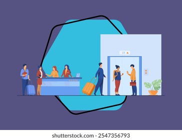 Tourists with luggage waiting at hotel reception desk, walking through lobby to elevator. Receptionists welcoming guests at counter. Vector illustration for hotel business, hospitality, travel concept