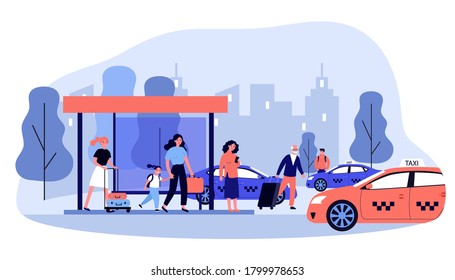 Tourists with luggage waiting for taxi. Passengers with baggage, arrival, cabs flat vector illustration. Transport, transportation, travel concept for banner, website design or landing web page