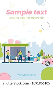 Tourists with luggage waiting for taxi. Passengers with baggage, arrival, cabs flat vector illustration. Transport, transportation, travel concept for banner, website design or landing web page