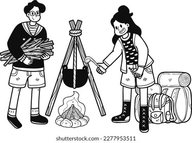 Tourists making fires for camping illustration in doodle style isolated on background
