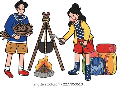 Tourists making fires for camping illustration in doodle style isolated on background