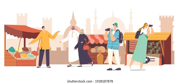 Tourists Male and Female Characters with Camera and Local People in Arab Dress Visit Arabic Market Concept. Travelers Walking along Stalls with Spices, Rugs and Pottery. Cartoon Vector Illustration
