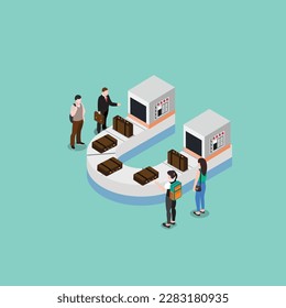 Tourists Male and Female Taking Luggage in Carousel Area conveyor belt after Airplane Flight isometric 3d vector illustration concept banner, website, landing page, ads, flyer template