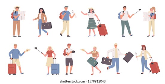 Tourists, male and female travelers flat vector illustrations set. Travelling, excursion, sightseeing, route choice. People with luggage cartoon characters bundle isolated on white background.