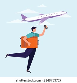 Tourists man run to the airport with their suitcases so they don't miss the plane. Colored flat graphic vector illustration isolated.