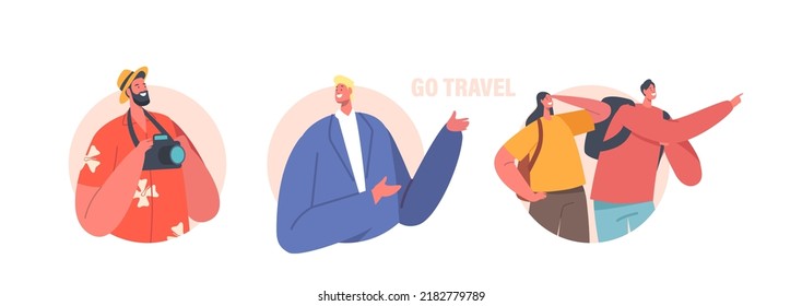 Tourists Man and Woman Backpackers and Guide Isolated Icons or Avatars. Travelers Hiking Adventure Vacation Trip. Characters Walking Route, Hike Outdoors Activity. Cartoon People Vector Illustration