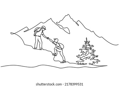 Tourists man woman helping each other hike up mountain. Continuous one line drawing. Single line draw design vector illustration