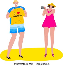 Tourists man and woman taking a photo of a yellow t-shirt. Vector illustration in flat cartoon style
