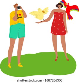 Tourists man and woman taking a photo with red and yellow parrots. Vector illustration in flat cartoon style