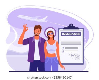 Tourists, a man and a woman travel by plane with an insurance policy. The concept of travel, tourism, air travel, health and life insurance. Vector flat illustration in blue and purple color.