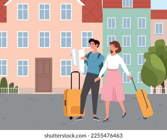 Tourists with map in city or town. Vacation, holiday and rest, man and woman with suitcase in another country. Young couple makes route outdoor. Cartoon flat vector illustration