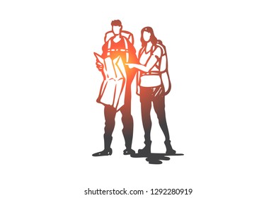 Tourists, map, travel, route, journey concept. Hand drawn man and woman traveling together concept sketch. Isolated vector illustration.