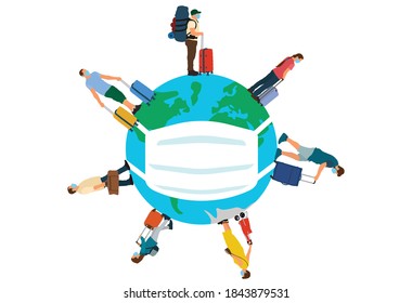 Tourists in medical masks with suitcases (luggages) standing and waiting time of travel. Coronavirus pandemic in world. Planet Earth in medical mask. Vector illustration