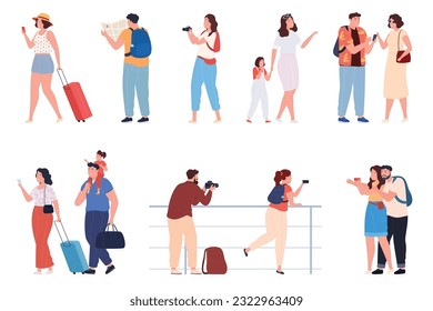 Tourists. Men, women and children travel with suitcases, take pictures of interesting places. The concept of vacation travel in tourist cities. Vector illustration