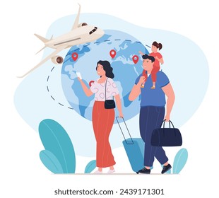 Tourists. Men, women and children travel with suitcases on the background of a globe with an airplane. The concept of vacation travel in tourist cities. Vector illustration