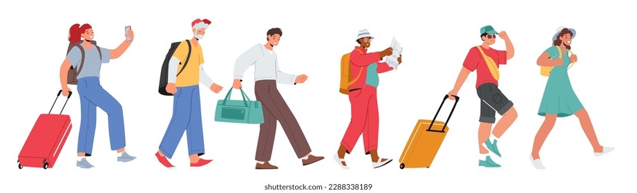 Tourists Men and Women Walking In Line Isolated on White Background. Image Capturing The Joy Of Characters and Promoting Travel Destinations Or Group Tour Packages. Cartoon People Vector Illustration