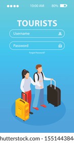 Tourists mobile application with username and password symbols isometric  vector illustartion